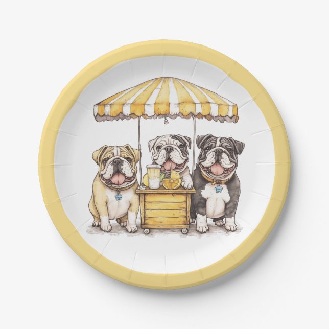 Englische Bullhunde laufen auf einer Limonade Pappteller (Vorderseite)