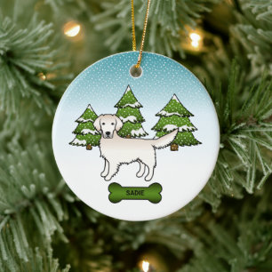 Englische Creme Golden Retriever im Winter & Name Keramik Ornament