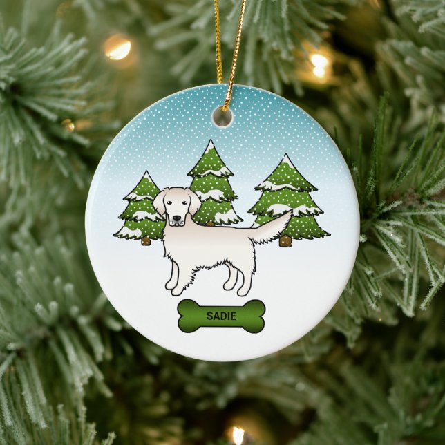 Englische Creme Golden Retriever im Winter & Name Keramik Ornament (Baum)