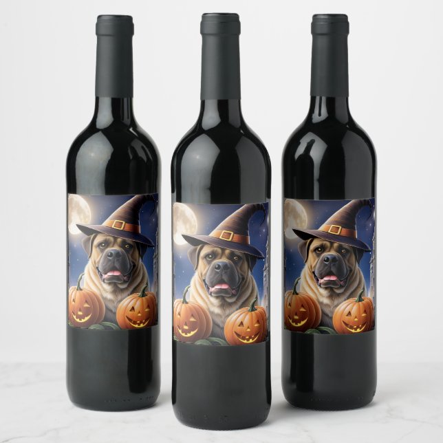 Englische Dogge Mastiff Halloween  Weinetikett (Flaschen)