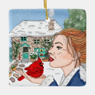 Englische Hütte und Kardinal in Handschrift Keramikornament