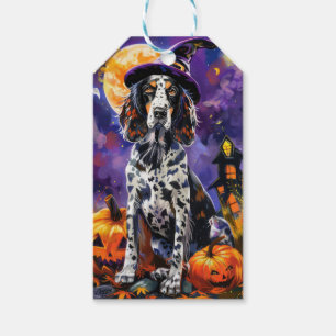 Englische Setter Hund Halloween Hexe und Kürbis Geschenkanhänger