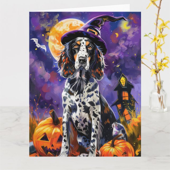 Englische Setter Hund Halloween Hexe und Kürbis Karte (Gelbe Blume)