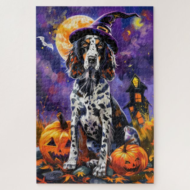 Englische Setter Hund Halloween Hexe und Kürbis Puzzle (Vertikal)