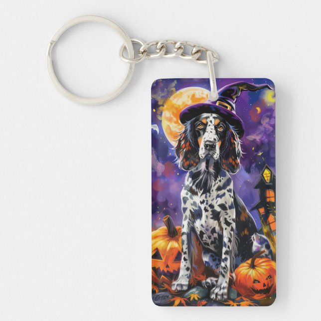 Englische Setter Hund Halloween Hexe und Kürbis Schlüsselanhänger (Vorderseite)