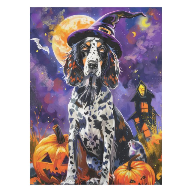 Englische Setter Hund Halloween Hexe und Kürbis Tischdecke (Vorderseite)