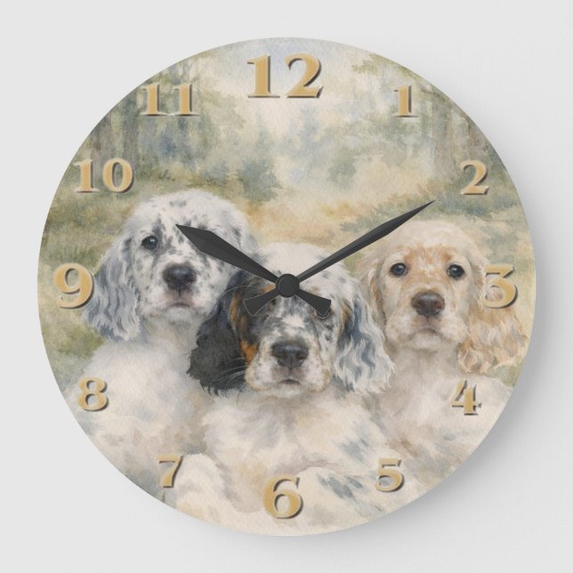 Englische Setter Welpen Große Wanduhr (Vorderseite)