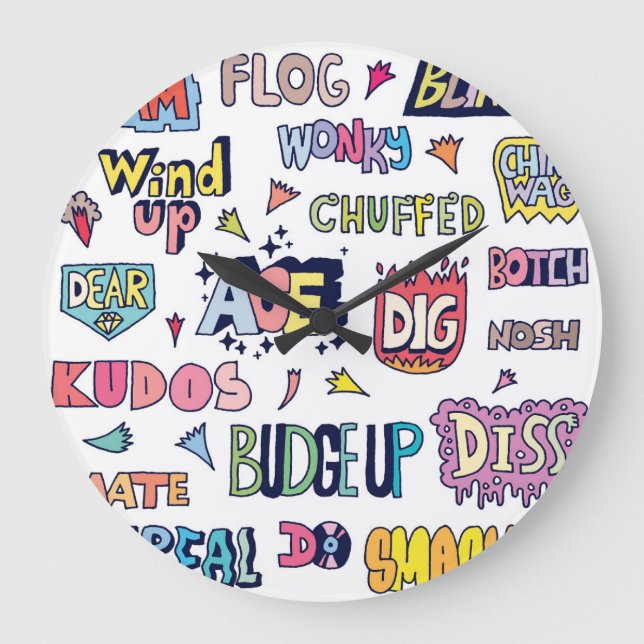 Englische Wörter lang, doodle Buchstaben Große Wanduhr (Vorderseite)