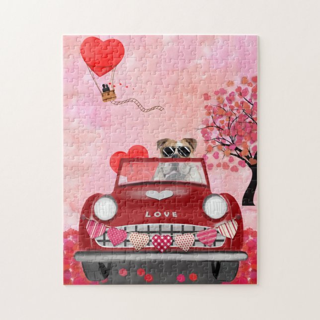 Englischer Bulldog Autofahrer mit Herz Valentine' Puzzle (Vertikal)