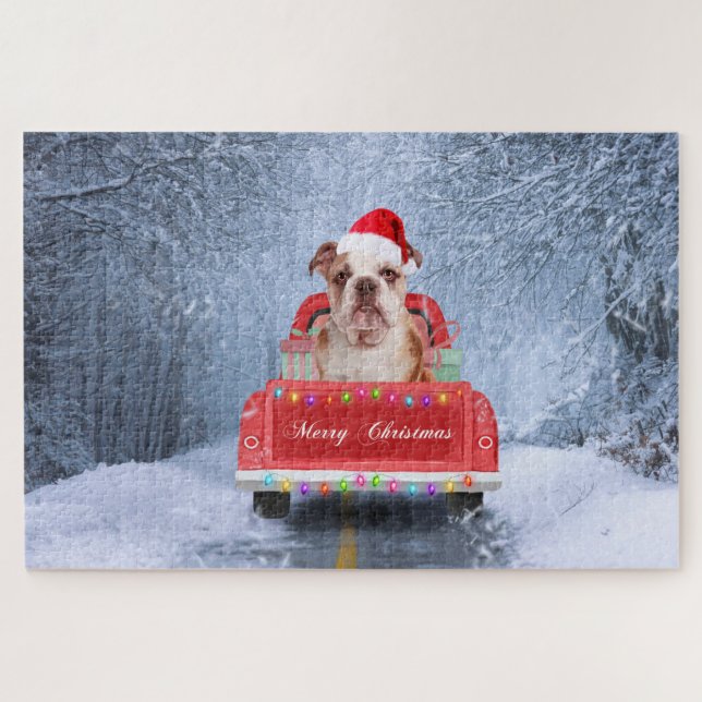Englischer Bulldog im Schnee sitzend im Weihnachts Puzzle (Horizontal)