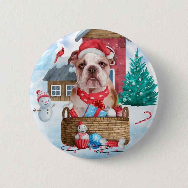 Englischer Bulldog im Schnee Weihnachts-Hundehaus Button (Vorderseite)