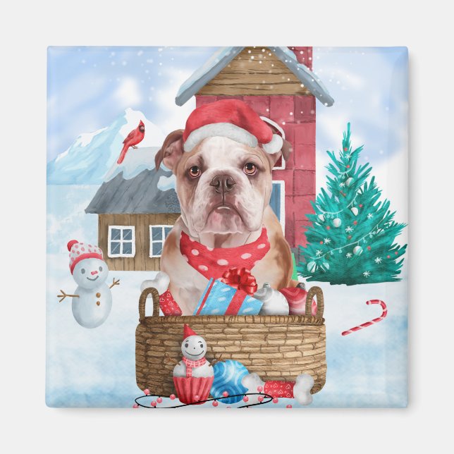 Englischer Bulldog im Schnee Weihnachts-Hundehaus Magnet (Vorne)
