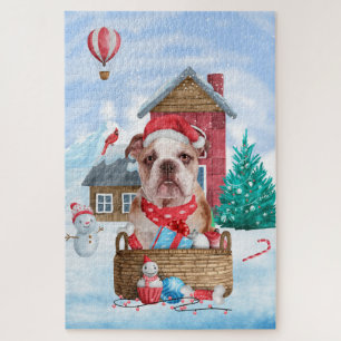 Englischer Bulldog im Schnee Weihnachts-Hundehaus Puzzle