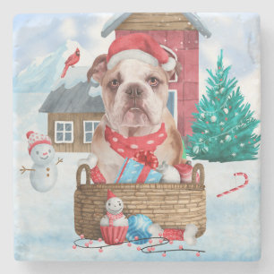 Englischer Bulldog im Schnee Weihnachts-Hundehaus Steinuntersetzer