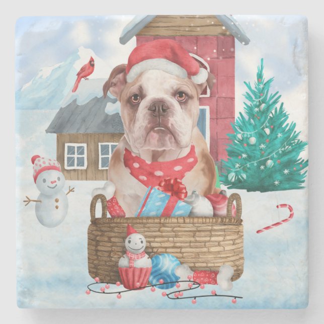 Englischer Bulldog im Schnee Weihnachts-Hundehaus Steinuntersetzer (Vorderseite)