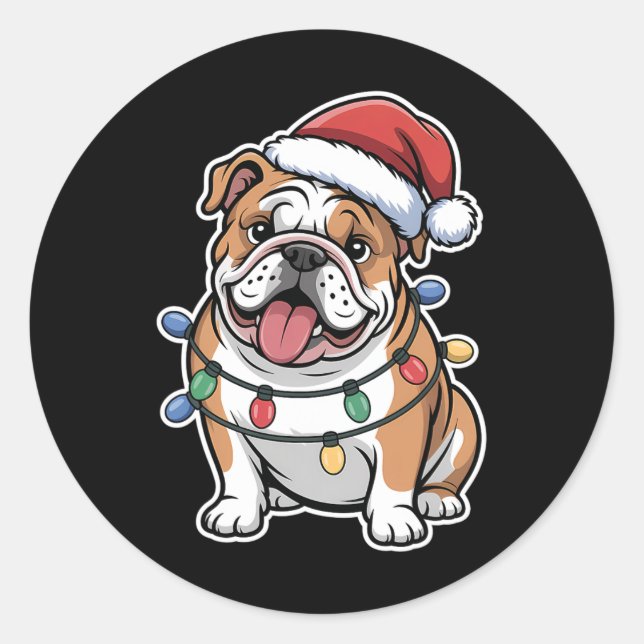 Englischer Bulldog ist in Weihnachtsbeleuchtung um Runder Aufkleber (Vorderseite)
