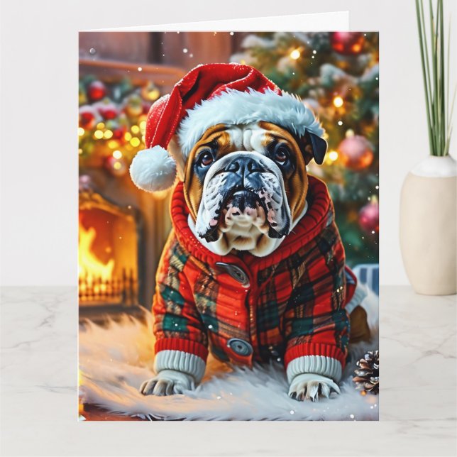 Englischer Bulldog mit einer Weihnachtsmannmütze Karte (Vorderseite)