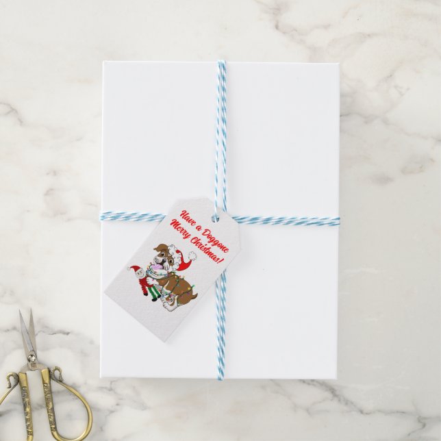 Englischer Bulldog mit Weihnachtsbeleuchtung Geschenkanhänger (Mit Garn)