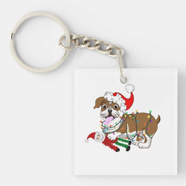 Englischer Bulldog mit Weihnachtsbeleuchtung Schlüsselanhänger (Vorderseite)
