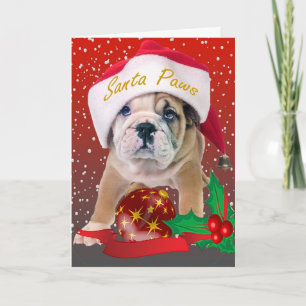 Englischer Bulldoghund Welpe in Weihnachtsmannmütz Feiertagskarte