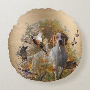 Englischer Pointer Tapisserie Metalldruck Kordelz Rundes Kissen