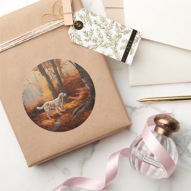 Englischer Setter im Herbst Leaves Fall Inspiriert Runder Aufkleber (Schenken)