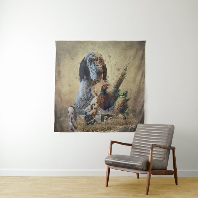 Englischer Setter mit Fasan, Kunst Wandteppich (Beispiel)