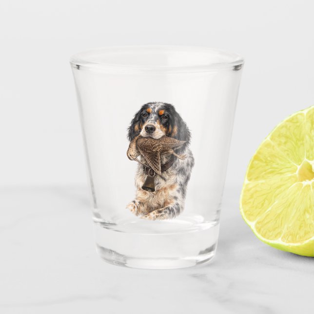 Englischer Setter, Waldschnepfenjagd ,Hundekunst Schnapsglas (Vorderseite)