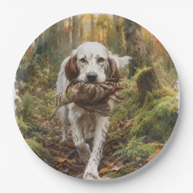 Englischer Setter, Waldschnepfenjagd  Pappteller (Vorderseite)