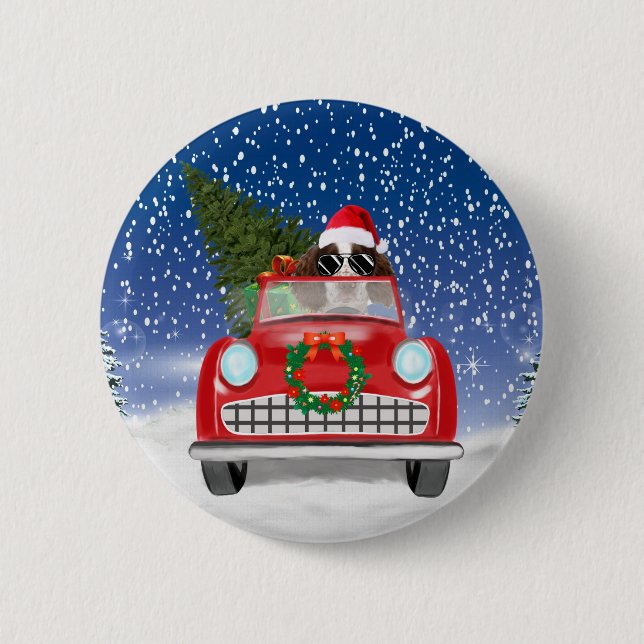 Englischer Springer Spaniel Dog Car im Schnee Weih Button (Vorderseite)