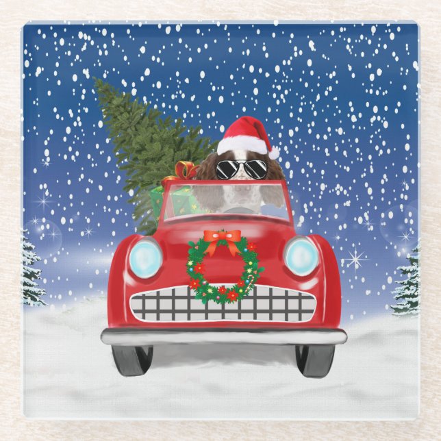 Englischer Springer Spaniel Dog Car im Schnee Weih Glasuntersetzer (Vorderseite)