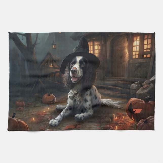 Englischer Springer Spaniel Kürbisse Halloween Gru Geschirrtuch (Horizontal)