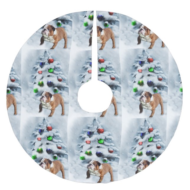 Englisches Bulldoggen-Weihnachten Polyester Weihnachtsbaumdecke (Vorderseite)