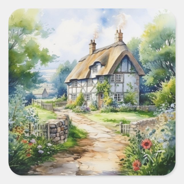 Englisches Cottage Quadratischer Aufkleber (Vorderseite)