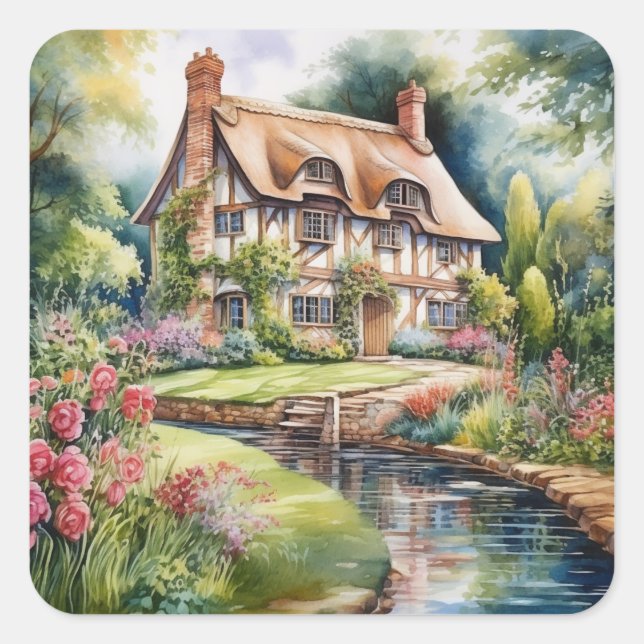 Englisches Cottage Quadratischer Aufkleber (Vorderseite)