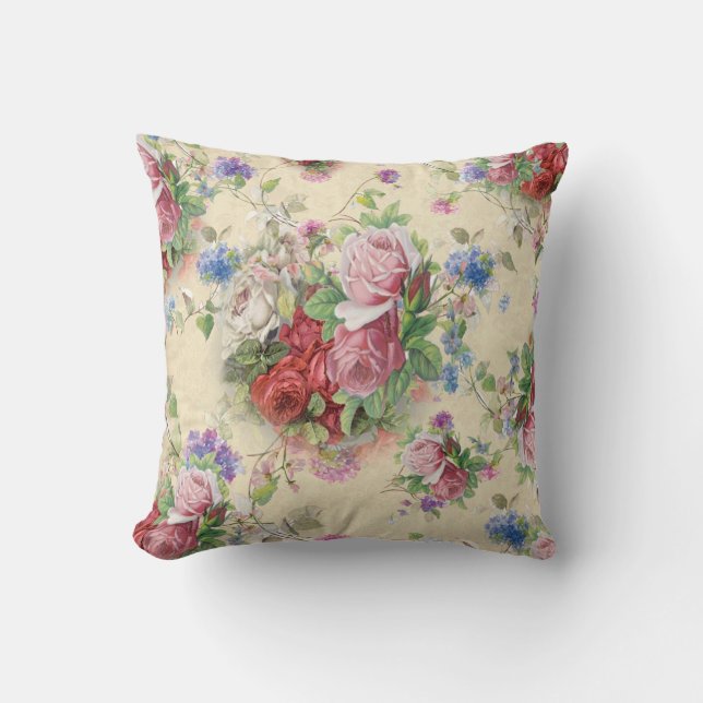 Englisches Land-rosaroter Tee-Rosen-Blumenstrauß Kissen (Vorderseite)