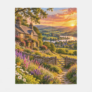 Englisches Landhaus bei Sonnenuntergang Fleecedecke