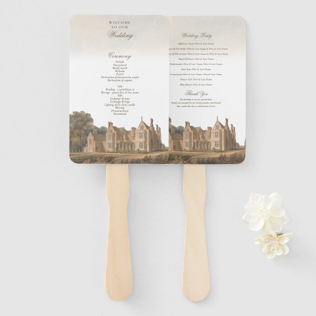 Englisches Landsitz-Schloss-Villa-Hochzeitsprogram Fächer (Vorne und Hinten)