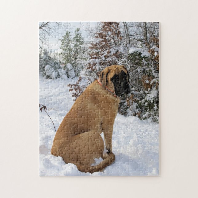Englisches Mastiffhund"Schnee-Pose" Puzzle (Vertikal)