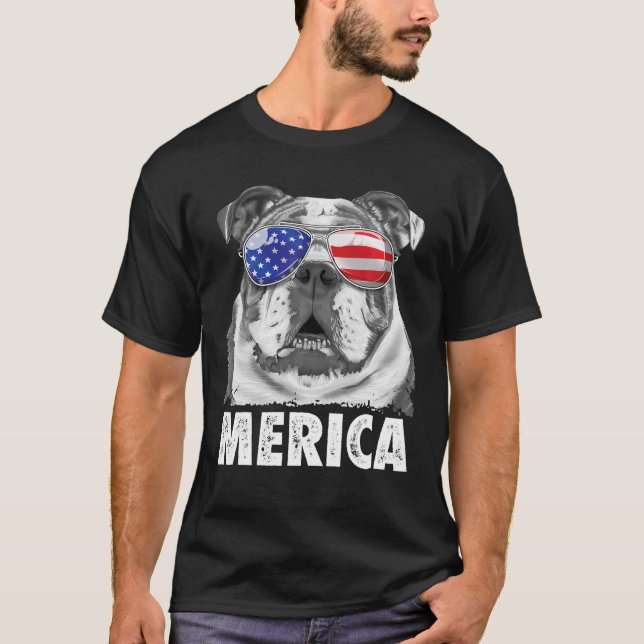 English Bulldog 4th July Merica Hund USA Flag T-Shirt (Vorderseite)