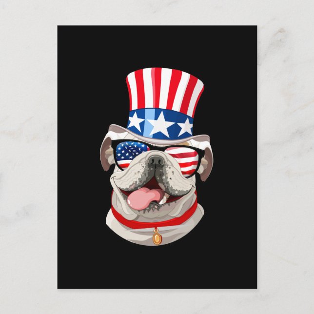 English Bulldog American Flag Hat 4. Juli Hund Postkarte (Vorderseite)