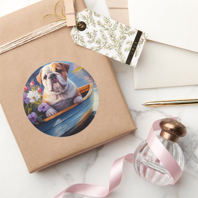 English Bulldog auf einem Paddel: Ein Landschaftli Runder Aufkleber (Schenken)