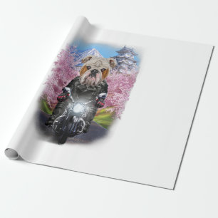 English Bulldog auf Motorrad Tour Japanisch Sakura Geschenkpapier