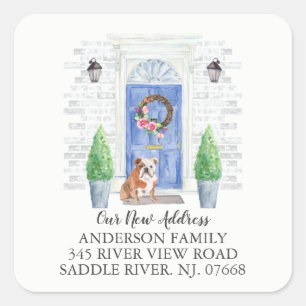 English Bulldog Blue Door New Address Label Quadratischer Aufkleber