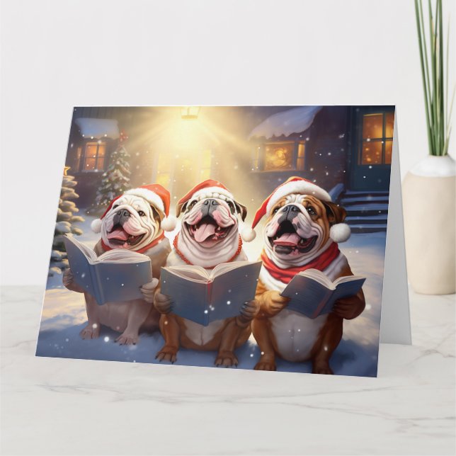 English Bulldog Christmas Carolers Spaß Urlaub Karte (Vorderseite)