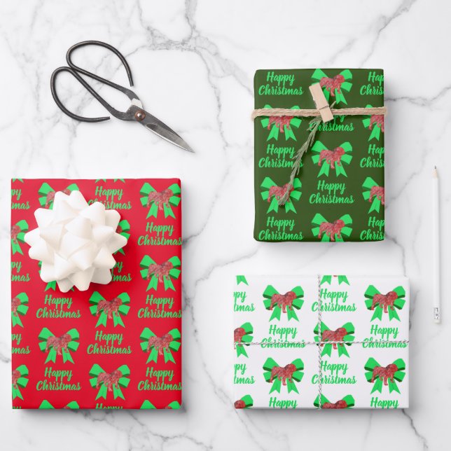 English Bulldog Christmas Dog & Green Bow Geschenkpapier Set (Vorderseite)