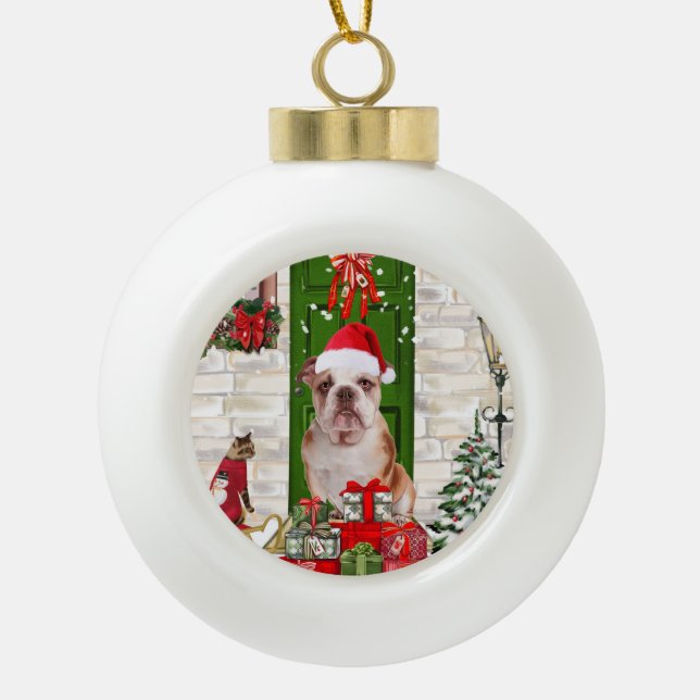 English Bulldog Christmas Keramik Kugel-Ornament (Vorderseite)