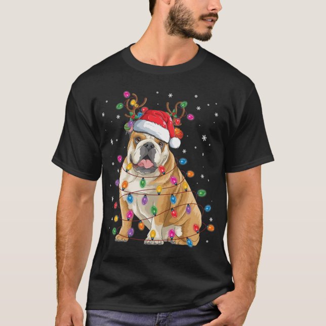 English Bulldog Christmas Rentier Weihnachtsmannmü T-Shirt (Vorderseite)