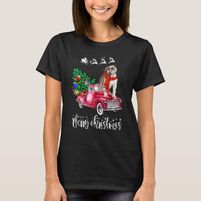 English Bulldog Christmas Ride Red Truck T-Shirt (Vorderseite)