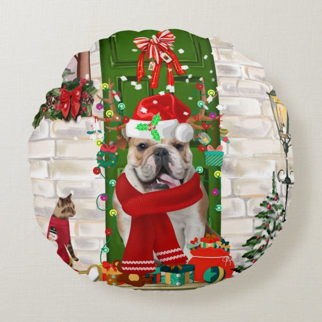 English Bulldog Christmas Rundes Kissen (Vorderseite)